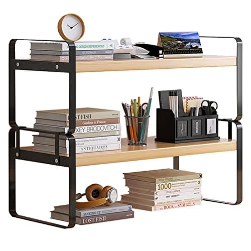 YGYQZ Wood Office Desk Shelf Organizer - Desktop Supplies Cute Dresser Top Organization Storage Rack and Cubicle Decor Aesthetic Bookshelf for Women Man and Kids (Black-Two Tier) - Image 1