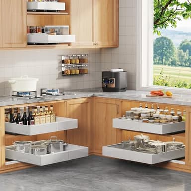 Seinloes 4 Pack Expandable Pull Out Cabinet Organizer 21"Deep With Raising Pad for Framed Cabinets,Upgrade 3 Slide Rails Slide Out Drawers,No Drill Roll Out Shelves,Adjustable Width 12.1"-20.4" White - Image 6