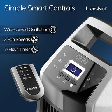 Lasko High Velocity Oscillating Tower Fan for Bedroom, Garage, Basement, and Gym with Remote Control, Timer, 3 Powerful Speeds, 35" Silver/Black, U35115 - Image 3