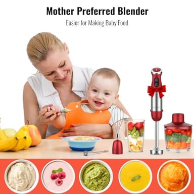 KOIOS 5-in-1 Hand Immersion Blender, 1000W 12 Speed Handheld Blender Stick with Copper Motor Stainless Steel Blade, 600ml Mixing Beaker,500ml Food Processor, Whisk, Milk Frother, Non-BPA, Red - Image 2