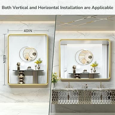 TokeShimi 48x40 Inch Brushed Gold Bathroom Vanity Mirror for Wall with Non-Rusting Aluminum Alloy Metal Frame Rounded Corner for Farmhouse Modern Home Decor (Horizontal/Vertical) - Image 8