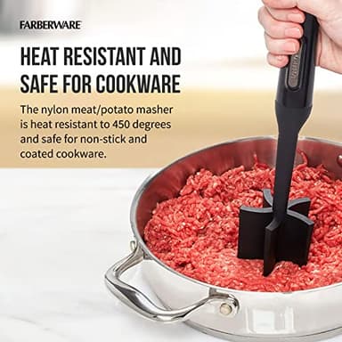 FARBERWARE Nylon Meat and Potato Masher – 5-Blade Ground Meat Chopper, Heat-Resistant to 450°F, Safe for Nonstick Cookware, Ergonomic Handle, 10-Inch, Dishwasher-Safe, Black - Image 5