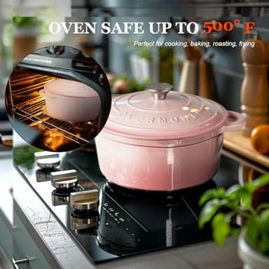 Overmont Enameled Cast Iron Dutch Oven - 5.5QT Pot with Lid Cookbook & Cotton Potholders - Heavy-Duty Cookware for Braising, Stews, Roasting, Bread Baking pink - Image 4