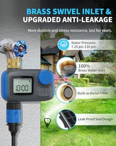 Smartale Sprinkler Timer, Programmable Hose Timers for Watering with Brass Swivel, Digital Irrigation Controller System with Rain Delay/Manual Mode/Automatic Watering for Outdoor Garden Yard Lawn - Image 2
