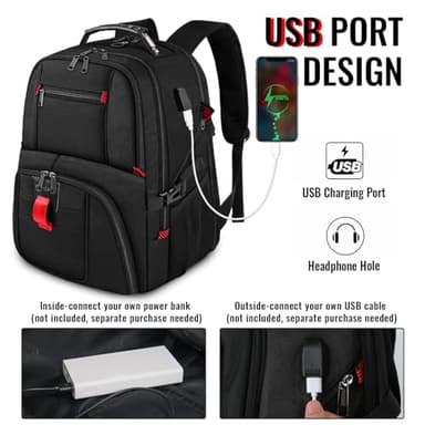 YOREPEK Large Backpack for Men, Extra Large Laptop Backpacks for Men Women, Water Resistant Travel Backpack Airline Approved Business Work Bag with USB Charging Port Fits 17 Inch Computer, Black - Image 3