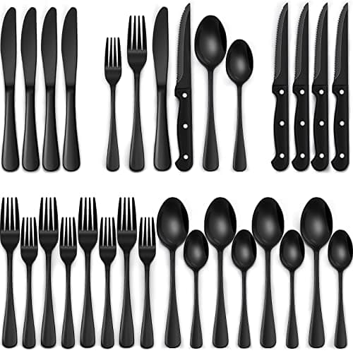 24-Piece Black Silverware Set with Steak Knives, Black Flatware Set for 4, Food-Grade Stainless Steel Tableware Cutlery Set, Mirror Finished Utensil Sets for Home Restaurant - Image 1