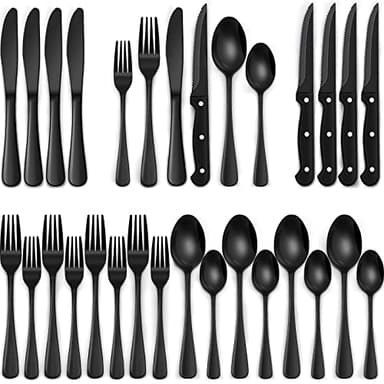 24-Piece Black Silverware Set with Steak Knives, Black Flatware Set for 4, Food-Grade Stainless Steel Tableware Cutlery Set, Mirror Finished Utensil Sets for Home Restaurant - Image 1