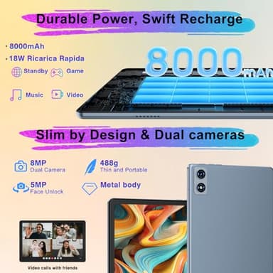 Dghrti 2025 Android 14 Tablet 10 inch, 22G RAM+128G ROM/1TB Expansion, 8000 mAh Battery, Octa-Core, 1280 * 800 IPS HD Screen, Face Unlock, Widevine L1, 2 in 1 Tablet with Keyboard Mouse - Metal Gray - Image 4