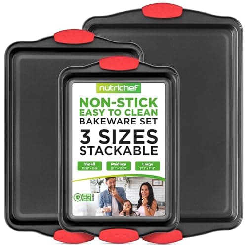 NutriChef 3-Piece Nonstick Kitchen Oven Baking Pans - Premium & Stylish Non-Stick Steel, Commercial Grade Restaurant Quality Metal Bakeware with Red Silicone Handles - Easy to Clean, NCSBS3S - Image 1
