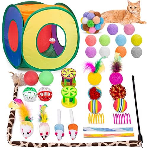 Retro Shaw Cat Toys Bundle 33 Pack, Interactive Kitten Toys for Indoor Cats Kitty with Collapsible Play Tunnel Tube Tent Feather Wand Teaser Bell Fuzzy Ball Springs Mouse Toy - Image 1