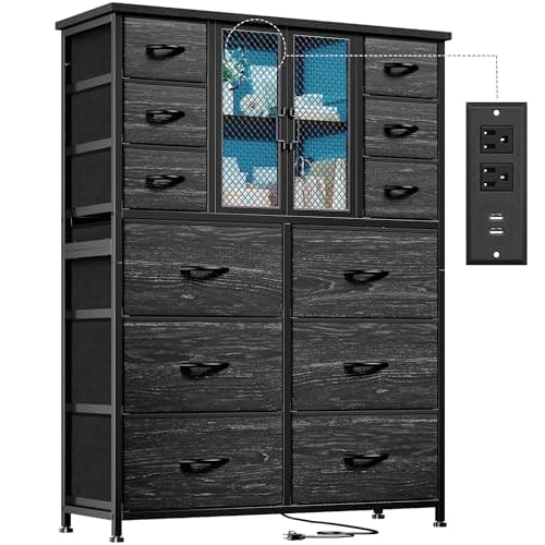 Dresser for Bedroom with 12 Drawers, Charging Station & LED Light & Mesh Door, Large Chests of Drawers for Hallway, Living Room, Entryway, Wooden Top, Metal Frame, Black, 50.6" H x 37.8" W x 11.8" D - Image 1