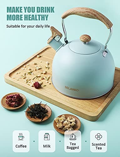 Tea Kettle, BELANKO 85 OZ / 2.5 Liter Whistling Tea Kettle, Tea Pots for Stove Top Food Grade Stainless Steel with Wood Pattern Folding Handle, Loud Whistle Kettle for Tea, Coffee, Milk - Turquoise - Image 2