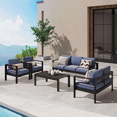 Wisteria Lane Aluminum Outdoor Patio Furniture Set, 7 Seats Modern Patio Conversation Sets, Outdoor Sectional Metal Sofa with 5 Inch Cushion and Coffee Table for Garden, Black Frame and Blue Cushion - Image 9