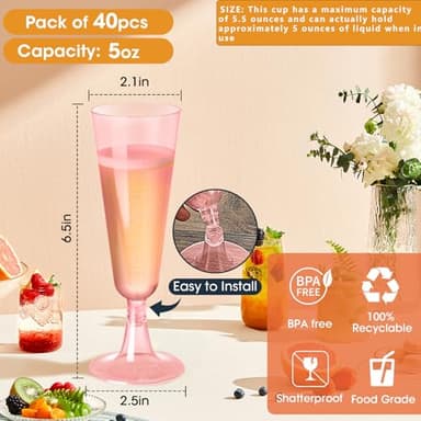 SUREHOME Pink Champagne Flutes Plastic Champagne Glasses Disposable Mimosa Glasses 40 Pack 5 Oz Acrylic Stemware Cocktail Cups Bulk for Valentines Wedding Toasting Engagement Party Supplies - Image 6