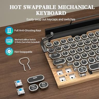 Retro Typewriter Wireless Mechanical Gaming Keyboard, Bluetooth 5.0 Office Computer Vintage Keyboards 83-Key Blue Switches Punk Round Keycap, LED Backlight, Compatible with PC/Laptop/Pad/Phone, Wood - Image 3