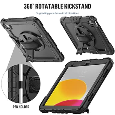BLOSOMEET Case for iPad A16 11th/10th Generation 11''/10.9'' 2025/2022 with Tempered Glass Screen Protector & Pencil Holder, Rugged Military Grade Cover w/Stand Hand Shoulder Strap, Black - Image 6