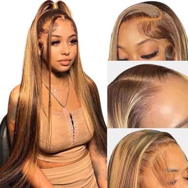 Ombre Lace Front Wig Human Hair 28inch Highlight 13x4 HD Straight Lace Front Wigs 180% Density 4/27 Colored Honey Blonde HD Lace Frontal Wigs For Women Glueless Pre Plucked with Baby Hair - Image 1