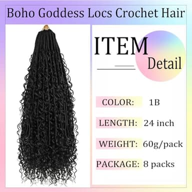 Boho Faux Locs Crochet Hair 24 Inch Goddess Locs 8 Packs Boho Soft Locs Crochet Hair with Curly Ends Pre-looped Long Bohemian River Locs Crochet Hair for Black Women(24Inch, 1B) - Image 4