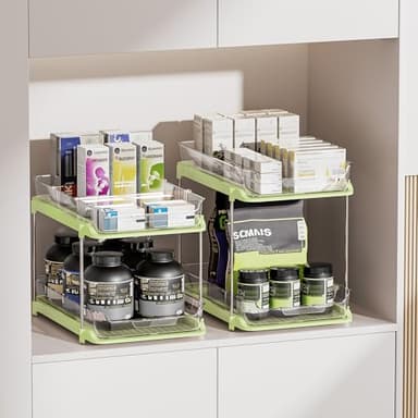 Delamu 2 Sets of 2-Tier Multi-Purpose Bathroom Under Sink Organizers and Storage, Stackable Kitchen Pantry Organization, Pull Out Medicine Cabinet Organizer with 8 Movable Dividers, Green - Image 4