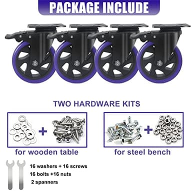 6 Inch Caster Wheels 3000lbs,Heavy Duty Casters Set of 4 with Brake, No Noise Polyurethane Swivel Caster Wheels for Cart,Furniture,Workbench(Free Screws & Spanners) - Image 7
