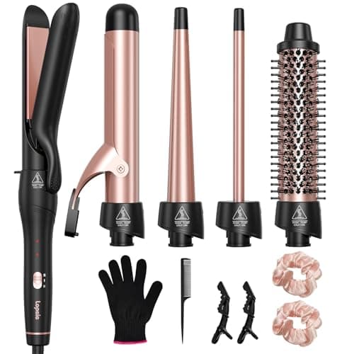 Lopeie 5 in 1 Curling Iron with Thermal Brush and 4 Interchangeable Ceramic Barrels(1/2 to 1 1/2 inch), Curling Wand Set with Flat Iron, Fast Heating, Dual Voltage Hair Curler, Gifts for Women - Image 1