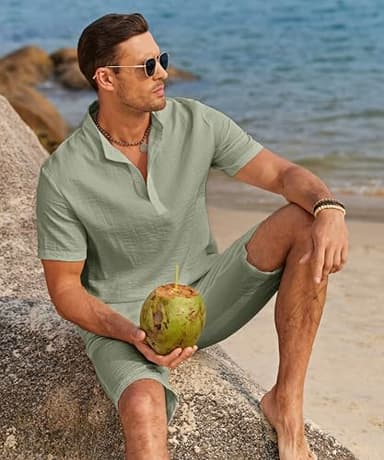 COOFANDY Men's 2 Pieces Linen Set Casual Henley Shirts Short Sleeve Beach Yoga Shorts Summer Pants Outfits - Image 7