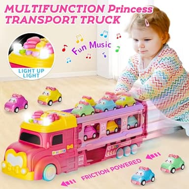Funwee Car Toys for Age 2 3 4 5 6 7 Year Girl Toddler, Foldable Track & 2 Player Race Mode Game, Light & Sound Push Transport Carrier Truck W/ 6 Princess Car, Birthday Gift Idea for Kid - Image 2