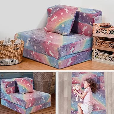 MeMoreCool Glow Rainbow Unicorn Tri-fold Sofa Bed for Kids, Foldable Futon Mattress, Chair, and Floor Couch for Playroom - Image 8