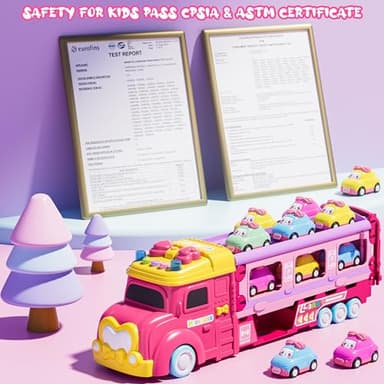 Funwee Car Toys for Age 2 3 4 5 6 7 Year Girl Toddler, Foldable Track & 2 Player Race Mode Game, Light & Sound Push Transport Carrier Truck W/ 6 Princess Car, Birthday Gift Idea for Kid - Image 6