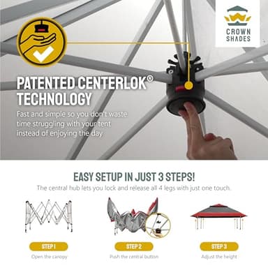 CROWN SHADES 13x13 Pop Up Gazebo, Patented One Push Outoor Canopy Tent with Wheeled STO-N-Go Cover Bag, Pop Up Canopy with Netting for Patio, Party, Backyard (13x13, Red & Grey Grid) - Image 4