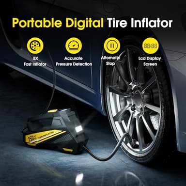 FLYKID Tire Inflator Portable Air Compressor - DC 12V Air Pump for Car Tires with 150PSI LCD Digital Gauge & Emergency LED Light,Auto Tire Pump for Cars,Motorcycles,Bikes,Balls (Large) - Image 4