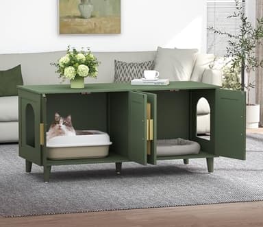 Homhedy Boho Cat Litter Box Enclosure for 2 Cats, Wooden Cat Washroom Furniture with Double Rattan Decorated Doors, Pet House,47.2”L x 19.7”W x 21.7”H, Green - Image 8