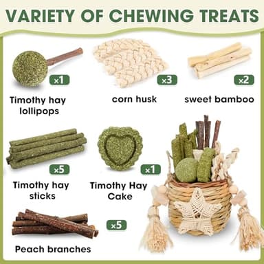 Jorewood Rabbit Chew Toys, Natural Reed Grass Hanging Basket Chews, Woven Bunny Chewing Timothy Cake Wood Treats for Small Pets - Image 2