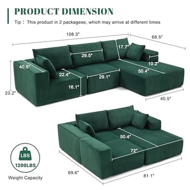 Weture 108” Modular Sectional Sofa, Cloud Sectional Couch with Deep Seat, Modern Modular L-Shape Sofa with Chaise,Upholstered Couches for Living Room Bedroom (Corduroy, Green) - Image 3