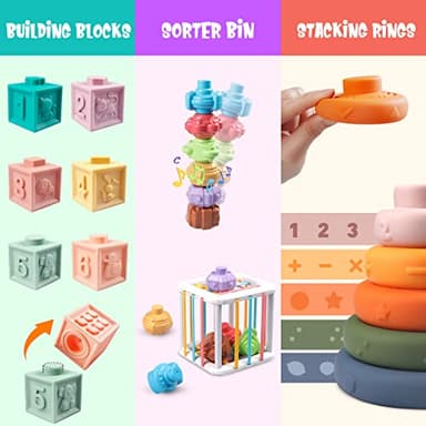 6 in 1 Baby Toys 6 to 12 Months, Montessori Toy for Toddlers 1-3, Infant Teething Babies Toy Stacking Blocks Rings Pull String Toy Sorter Sensory Bin - Image 4
