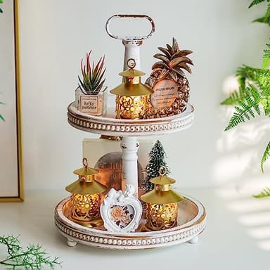 Hanobe Two Tiered Tray Stand: Farmhouse 2 Tier Easter Decorative Trays White Round Serving Wood for Home Decor Living Room Coffee Table Centerpieces Kitchen Gift - Image 6