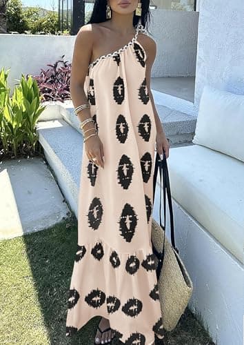 PRETTYGARDEN Women's Summer One Shoulder Maxi Dresses Printed Flowy Boho Beach Vacation Long Sundress (Beige Black Floral,X-Large) - Image 5