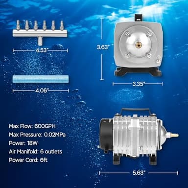 AquaMiracle Aquarium Air Pump Commercial Air Pump with Aluminum Housing, 18W/600GPH Fish Tank Bubbler Pond Aerator for Aquariums, Ponds, Hydroponics - Image 6
