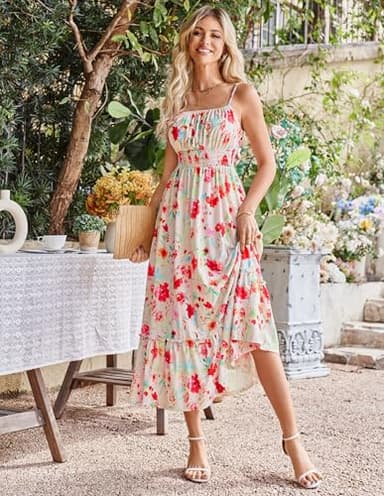 GRACE KARIN Women's 2025 Summer Casual Boho Sundress Flower Spaghetti Strap Square Neck Flowy Maxi Dresses with Pockets Red White Floral XXL - Image 6