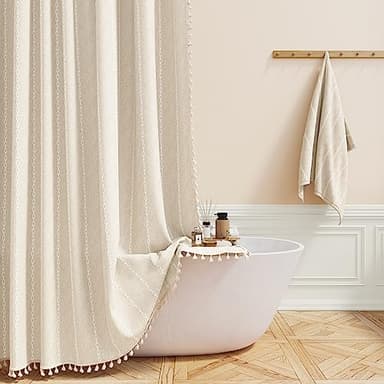 BTTN Boho Farmhouse Shower Curtain, Linen Rustic Weighted Striped Cloth Shower Curtain Set with Tassel, Water Repellent, Bohemian Vintage Country Fabric Shower Curtain for Bathroom, Cream/Beige, 72x72 - Image 1