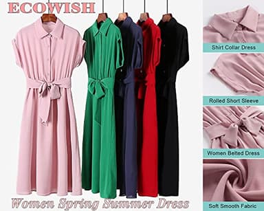 ECOWISH Womens 2025 Spring Summer Casual Short Sleeve Midi Dresses V Neck Button Down Belted Shirt Dress with Pockets Red L - Image 6