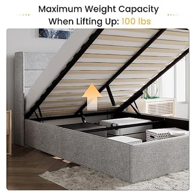 SHA CERLIN Queen Size Lift Up Storage Bed/Modern Wingback Headboard/Upholstered Platform Bed Frame/Hydraulic Storage/No Box Spring Needed/Wood Slats Support/Light Grey - Image 6