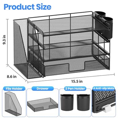 OPNICE Desk Organizer and Accessories, 4-Tier Desktop File Organizer with Drawer and 2 Pen Holders, Office Desk Accessories, File Sorters, Workspace Organizers for Office Supplies(Black) - Image 3