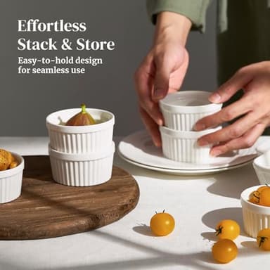 DOWAN Ramekins 4 oz Oven Safe for Creme Brulee Souffle, Porcelain Custard Cups Ramiken for Baking, Small Bowls Dipping Sauce Dish Classic Style, Set of 6, Soft White - Image 8
