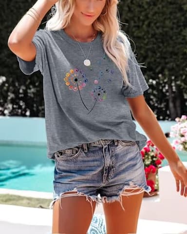Anbech Womens Dandelion Graphic Cotton Tshirts Loose Fit Cute Paw Print Casual Tee Tops (Grey, XL) - Image 2