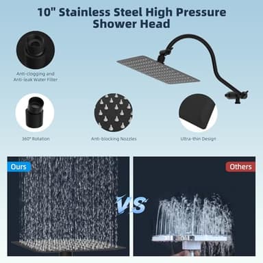 Hibbent All Metal High Pressure Rainfall 10 Inch Shower Head/Handheld Showerhead Combo/ 12 Inch Adjustable Curved Shower Extension Arm, 10-Spray, 71-inch Hose, Adhesive Showerhead Holder, Matte Black - Image 6