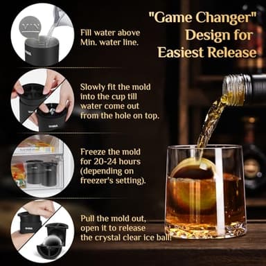Clear Ice Cube Maker, 2.5" Stainless Steel Ice Ball Maker Mold for Whiskey & Cocktails, Non-BPA Premium Silicone Ice Cube Molds, Easy-Release Sphere Ice Maker, Bourbon Gifts for Men (2 PACK) - Image 6