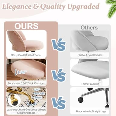 VINGLI Modern Velvet Small Office Chair,Cute Desk Chair with Wheels,Gold Base/Studs, Comfy Armless Swivel Vanity Task Chair for Women/Girl/Kids, Nail Tech Chair for Bedroom,Small Space,Pink - Image 3