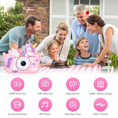 Envyvip Unicorn Toys Camera for Kids Girls Age 3-8, Toddler Kids Digital Camera Christmas Birthday Gifts for 3 4 5 6 7 8 Years Old Girl, Cute Selfie Video Camera, HD 1080P, 32GB SD Card Included, Pink - Image 2