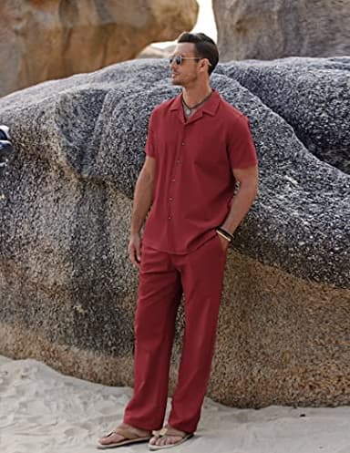 COOFANDY Men Linen Sets Outfits 2 Piece Beach Wedding Shirts Casual Loose Pants - Image 4